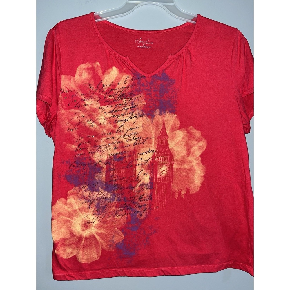 Kim Rogers Y2K London Theme Rhinestone V-Neck Red Blouse Women SZ XL